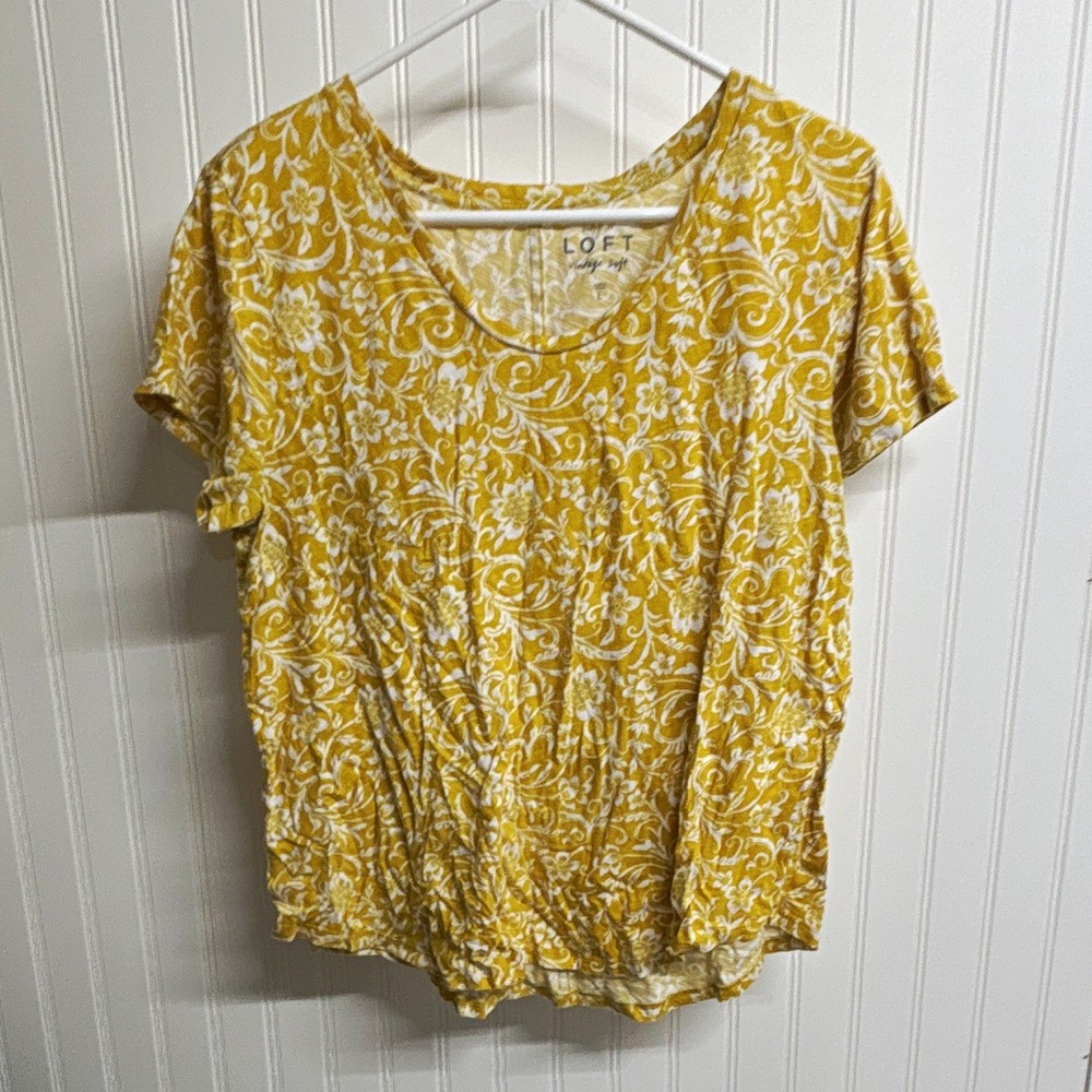LOFT Yellow White Floral Ruffle Scoop Neck Short Sleeve Cotton Knit T-Shirt L